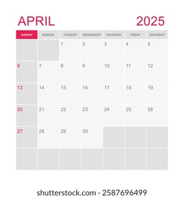 Classic monthly calendar for 2025. week starts on sunday. simple april 2025 calendar template. monthly planner design in box