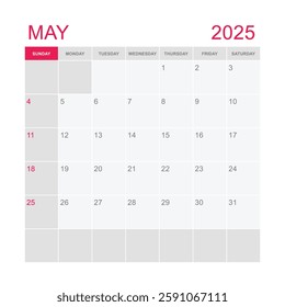 Classic monthly calendar for 2025. week starts on sunday. simple may 2025 calendar template. monthly planner design in box