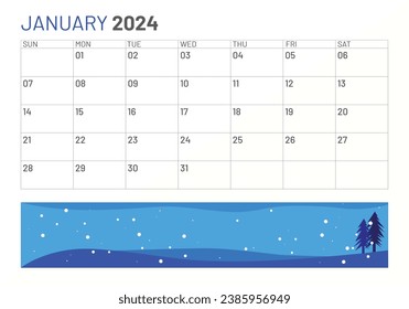 Classic monthly calendar of January for 2024. Calendar in the style of minimalist square shape