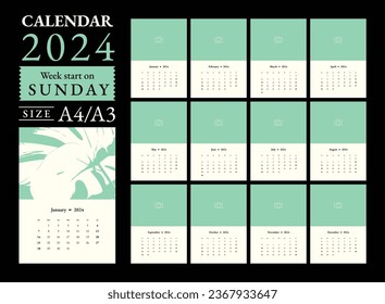 Classic monthly calendar and note for 2024, the week starts on Sunday, calendar in the style of minimalist design, A4-A3 size.