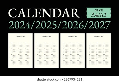 Classic monthly calendar and note for 2024, 2025, 2026, 2027, the week starts on Sunday, A4-A3 size.