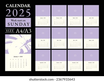 Classic monthly calendar and note for 2025, the week starts on Sunday, calendar in the style of minimalist design, A4-A3 size.