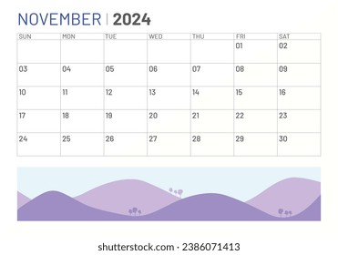 Classic monthly calendar of November for 2024. Calendar in the style of minimalist square shape