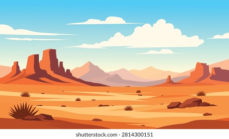 Classic Monument Valley Desert Flat Vector Landscape Background With Red Rock Mesas And Clouds