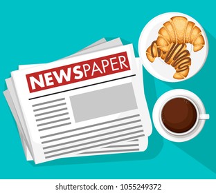 Classic Morning Concept. Newspaper News Flat Image, Coffee With Croissants. Color Icon. Vector Illustration Isolated On White Background. Web Site Page And Mobile App Design.