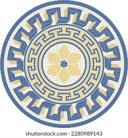 Classic mosaic circular ornament in blue and yellow colors. For ceramics, tiles, ornaments, backgrounds and other projects.	
