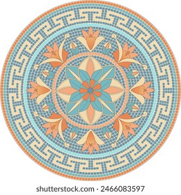 Classic mosaic circular ornament with lilies in pink and blue colors. For ceramics, tiles, ornaments, backgrounds and other projects.