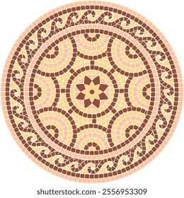 Classic mosaic circular ornament in warm colors. For ceramics, tiles, ornaments, backgrounds and other projects.	