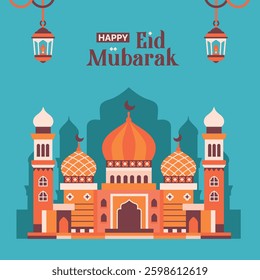 classic mosque detail with eid mubarak greetings, Ramadan Kareem, square orange poster for Eid Mubarak