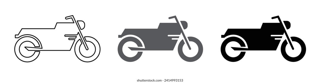 Classic motor cycle flat icon set in outline and fill style in black color. Bike icon set in black color. Motor bike side view vector icon isolated - Vector Icon