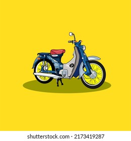 classic motorbike that triumphed in its time with blue and red saddles and yellow backgrounds