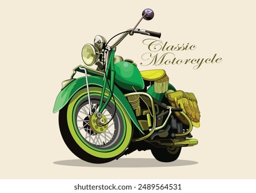 Classic motorcycle with bag vector illustration. Vintage motorbike green color for design element.