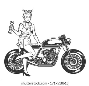 Classic motorcycle and beautiful pinup girl holding wrench in vintage monochrome style isolated vector illustration