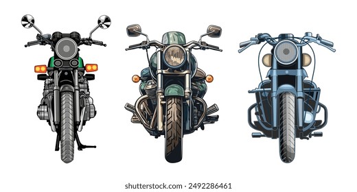 Classic motorcycle collection vector illustration. Three classic motorbike set isolated on white background.