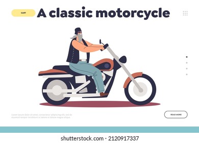 El concepto clásico de moto de la página de aterrizaje con moto en bicicleta. Hombre motociclista con ropas de cuero. Motociclista adulto. Dibujo vectorial plano de dibujos animados