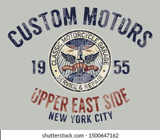 Classic motorcycle custom motor garage vector print for boy shirt  grunge effect in separate layer