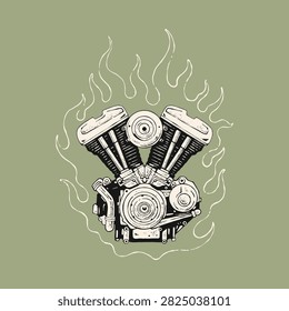Classic motorcycle engine with flames vintage illustration