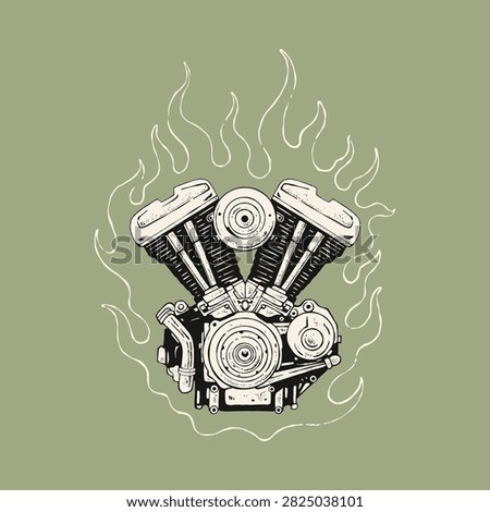 Classic motorcycle engine with flames vintage illustration