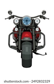 Ilustración vectorial clásica con vista frontal de la motocicleta. Antiguas moto objeto aislado sobre fondo blanco.