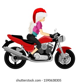 Classic Motorcycle With Girl Rider In Santa Hat Side View Isolated Vector Illustration