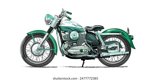 Motocicleta clásica en Ilustración vectorial de color verde para el diseño de fondo. Dibujado a mano.