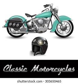 Classic motorcycle and helmet with goggles. Vector illustration