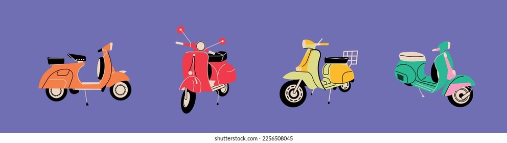 Moto clásico, scooter. Vehículos de dos ruedas. Transporte personal. Imágenes aisladas del Vector moderno de colores dibujadas a mano. Logo, icono, afiche, plantillas de impresión