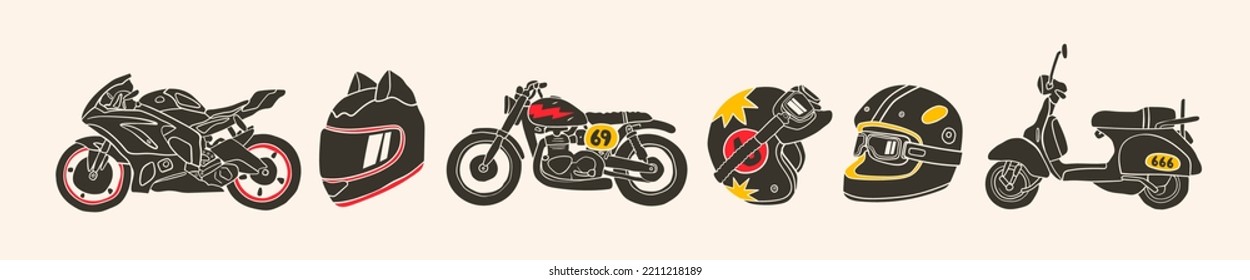 Moto clásica, bicicleta deportiva, patinete y cascos. Vehículos de dos ruedas. Transporte personal. Ilustraciones aisladas de Vector de moda dibujadas a mano. Logo, icono, afiche, plantillas de impresión. Estilo vintage