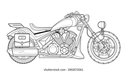 Classic motorcycle vector illustration coloring page for adults for drawing books. Line art picture. High speed vehicle. Graphic element. Black contour sketch illustrate Isolated on white background