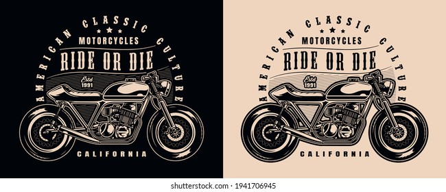 Classic motorcycle vintage badge with letterings and motorbike in monochrome style isolated vector illustration