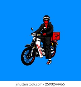 classic motorcyclist cool carrying a red box behind him front left side view vector illustration