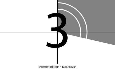 A classic movie countdown frame at the number three.