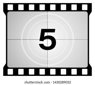 A classic movie countdown frame at the number five.