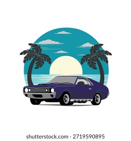 Classic Muscle Car Design Vektor Blau in einer Strandgrafik