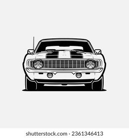 Classic Muscle Car Front View Vector Art Monochrome Silhouette Isolated in White Background