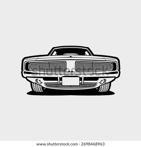 Classic muscle car front view monochrome vector
