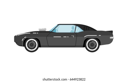 Classic muscle car isolated vector illustration on white background. Vintage old school hot road, auto vehicle, people city transport in flat design