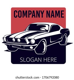 Classic muscle car logo, emblems, badges and icons isolated on white background. Service car repair, restoration and club design elements. Vector illustration.