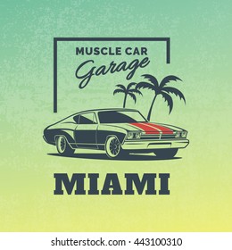 Classic Muscle Car Logo on Grunge Blue Yellow Background.