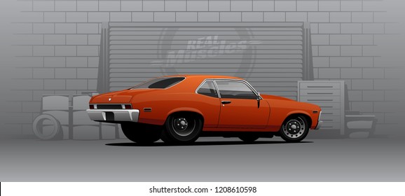 Classic Muscle Car On Huge Slicks For Drag Racing. Vector Illustration.