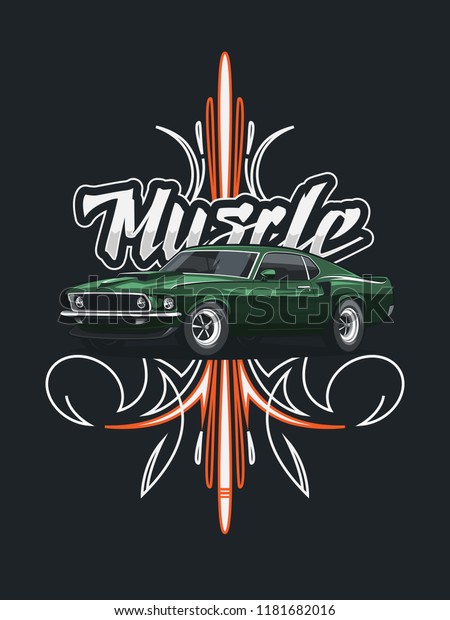 Classic muscle car poster with tribal\
ornament on dark\
background.