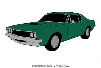 Coche clásico del músculo con los detalles potentes del motor Arte vectorial aislado en el fondo blanco