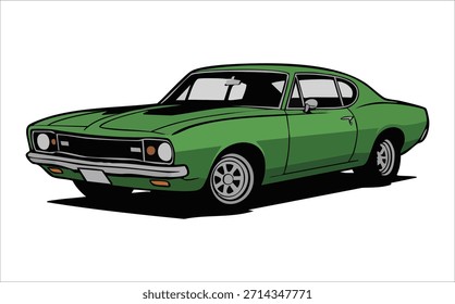 Coche clásico del músculo con los detalles potentes del motor Arte vectorial aislado en el fondo blanco