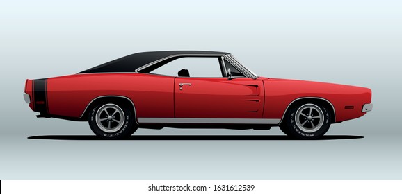 Classic muscle car, red body, black roof, stripes on rear. Side view with perspective. Vector illustration.