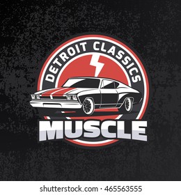 Classic Muscle Car Round Ebmlem On Dark Grunge Background.