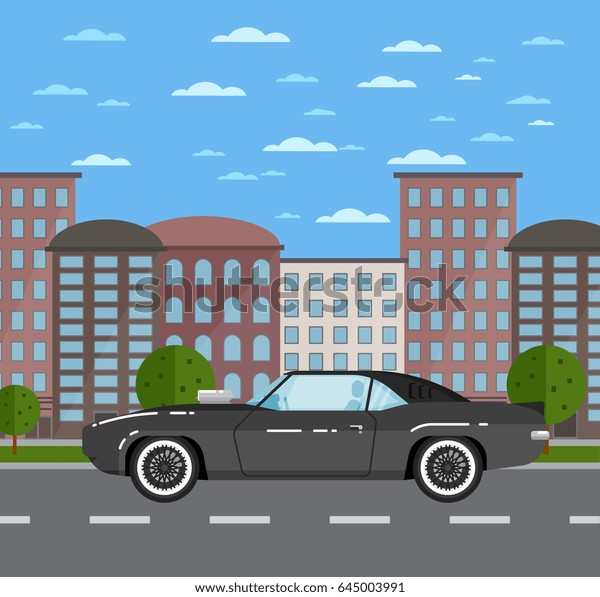Classic muscle car in urban landscape.\
Vintage auto vehicle, old school hot road, people transportation\
concept. City street road traffic vector illustration, cityscape\
background with\
skyscrapers.