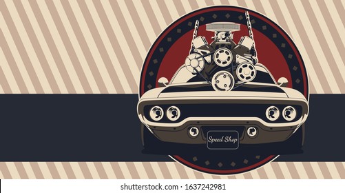 Classic muscle car in vector. Illustration in vintage colors, shows engine removal.