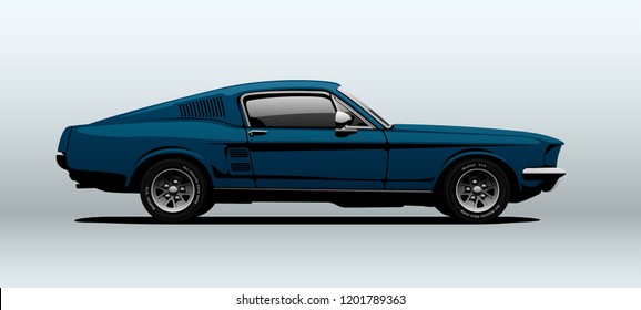 Classic muscle car in vector. Side view with perspective.