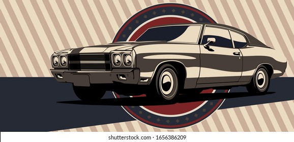 Classic muscle car in vector. Vintage style, solid colors.
