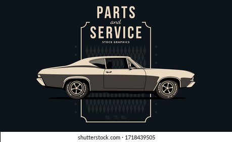 Classic muscle car in vector. Vintage style, solid colors.